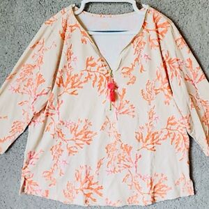 Belle by Kim Gravel 3/4 Sleeve Zipper V Neck Tassel Top Beige Coral Print Small